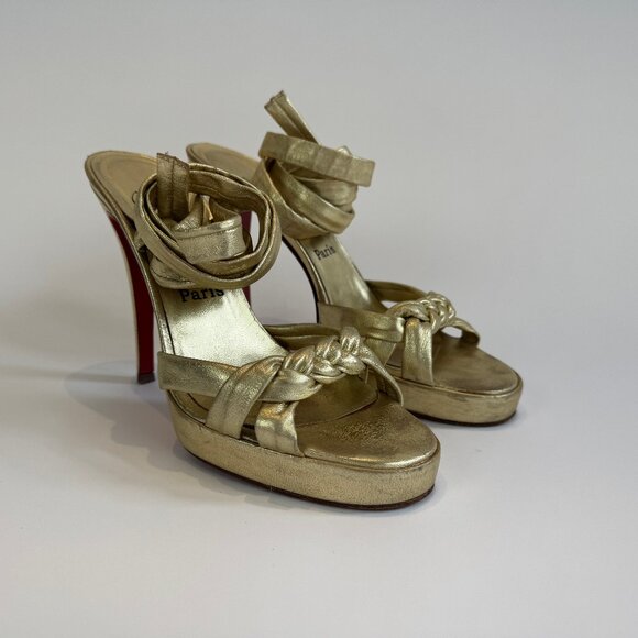 Louboutin Gold Leather Braided & Lace Up Sandals, EU 40 - Picture 1 of 16